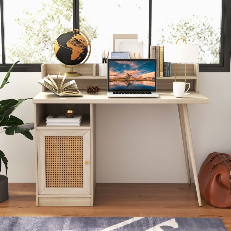 48 Inch Computer Desk with Hutch and PE Rattan Cabinet Shelves