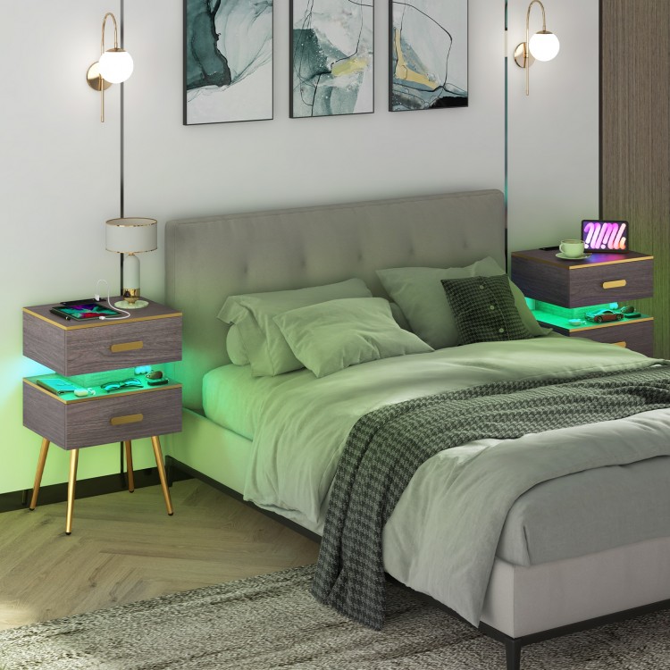 Nightstand Sofa Side Tables with Charging Station and 2 Drawers and LED lights