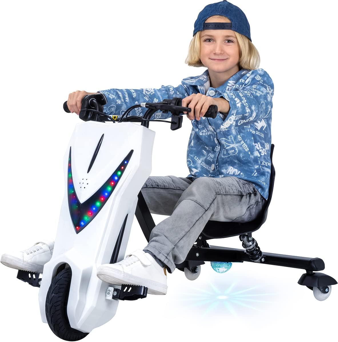 Actionbikes Motors Børns elektriske driftsscooter | watt motor - drevvogn 360° - 3 hastighedsniveauer - LED-belysning - justerbar sæde - Bluetooth - drift karting - kører bil (sort)