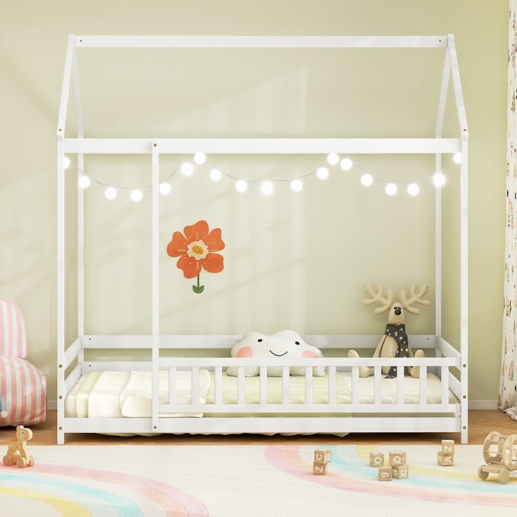 Twin Size Kids House Bed Wooden Floor Bed with Roof and Full-length Safety Guardrail