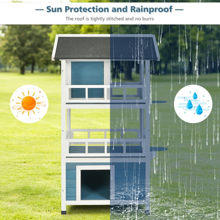 2-Story Outdoor Wooden Catio Cat House Shelter with Enclosure
