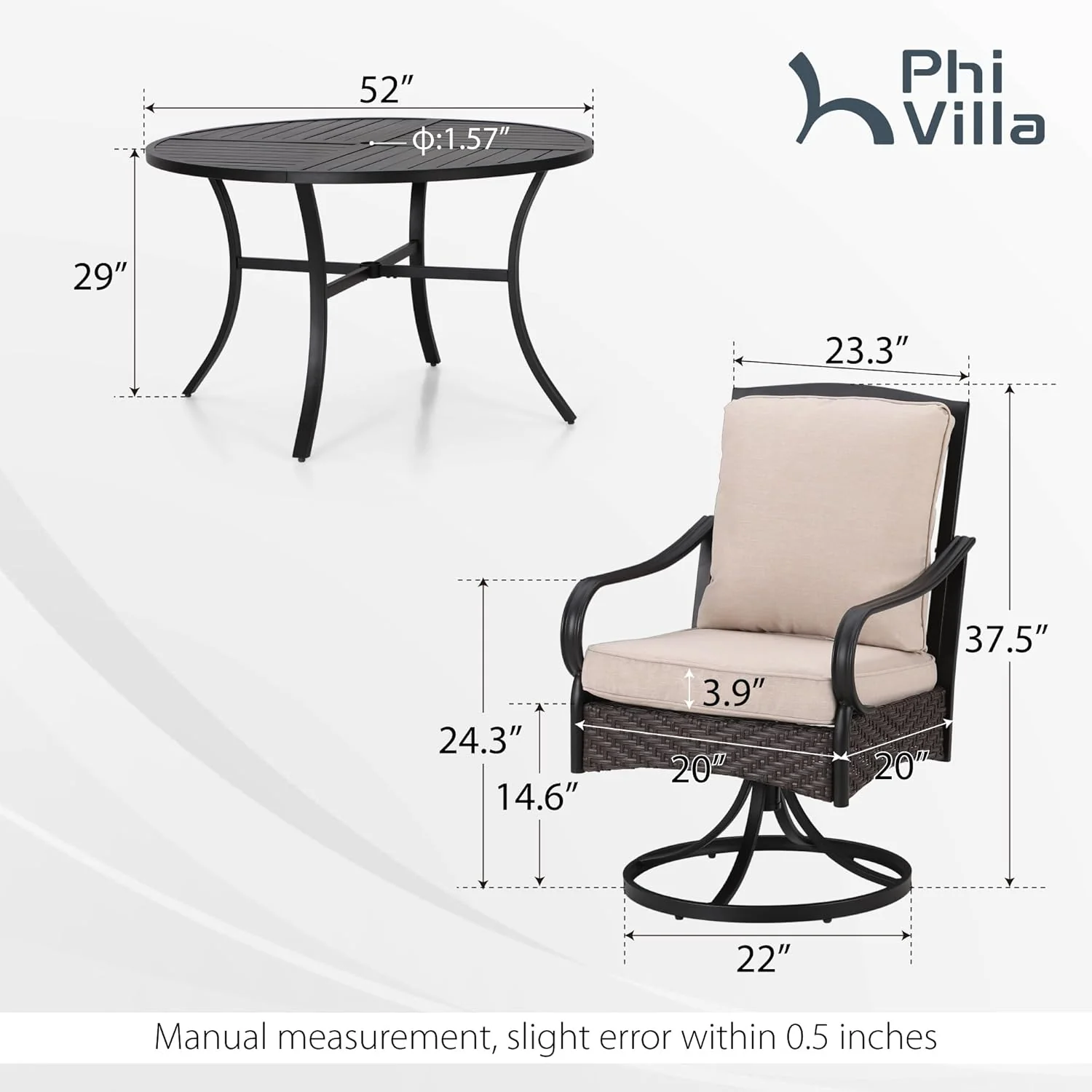 PHI VILLA 6-Piece Outdoor Dining Sets, All-Weather Patio Table and Chairs Set with Umbrella for 4, Heavy Duty Patio Round Table Set for Deck, 4 Extra Large Outdoor Swivel Chairs with Thick Cushions