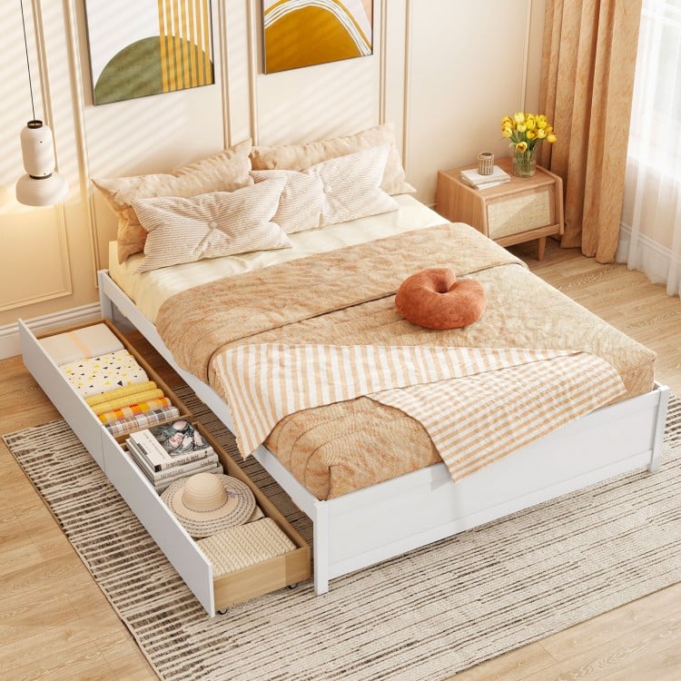 Queen Size Bed Frame with 2 Rolling Storage Drawers