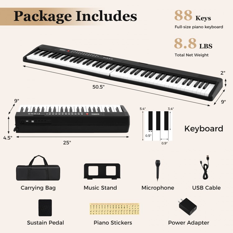 88 Key Foldable Piano Keyboard Portable Semi Weighted Electric Piano