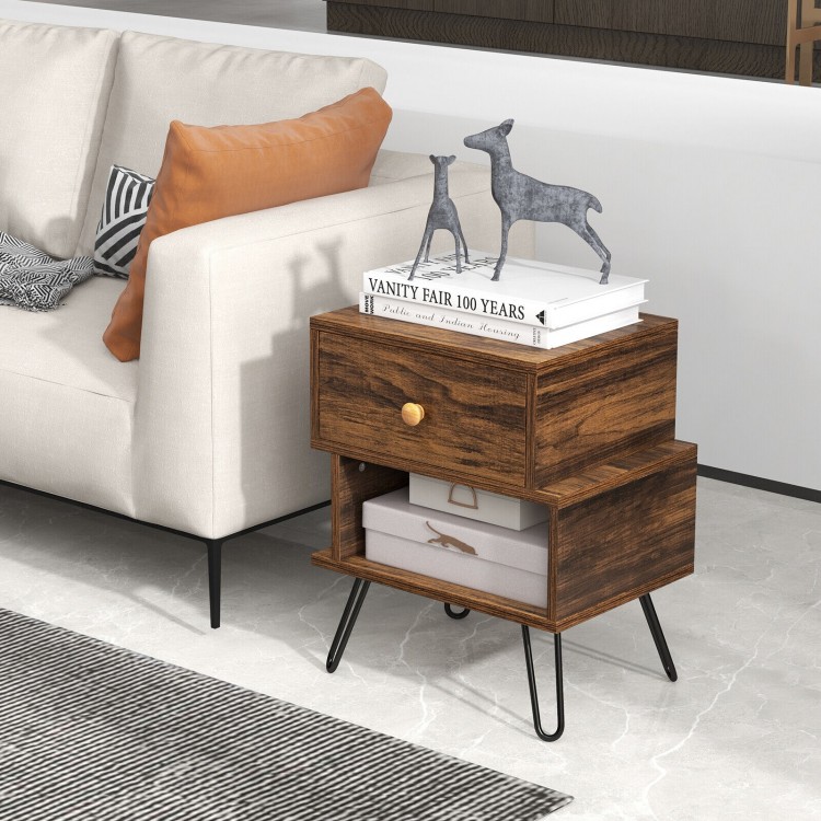 Set of 2 Irregular 2-Tier Wooden Nightstands with Elevated Metal Feet