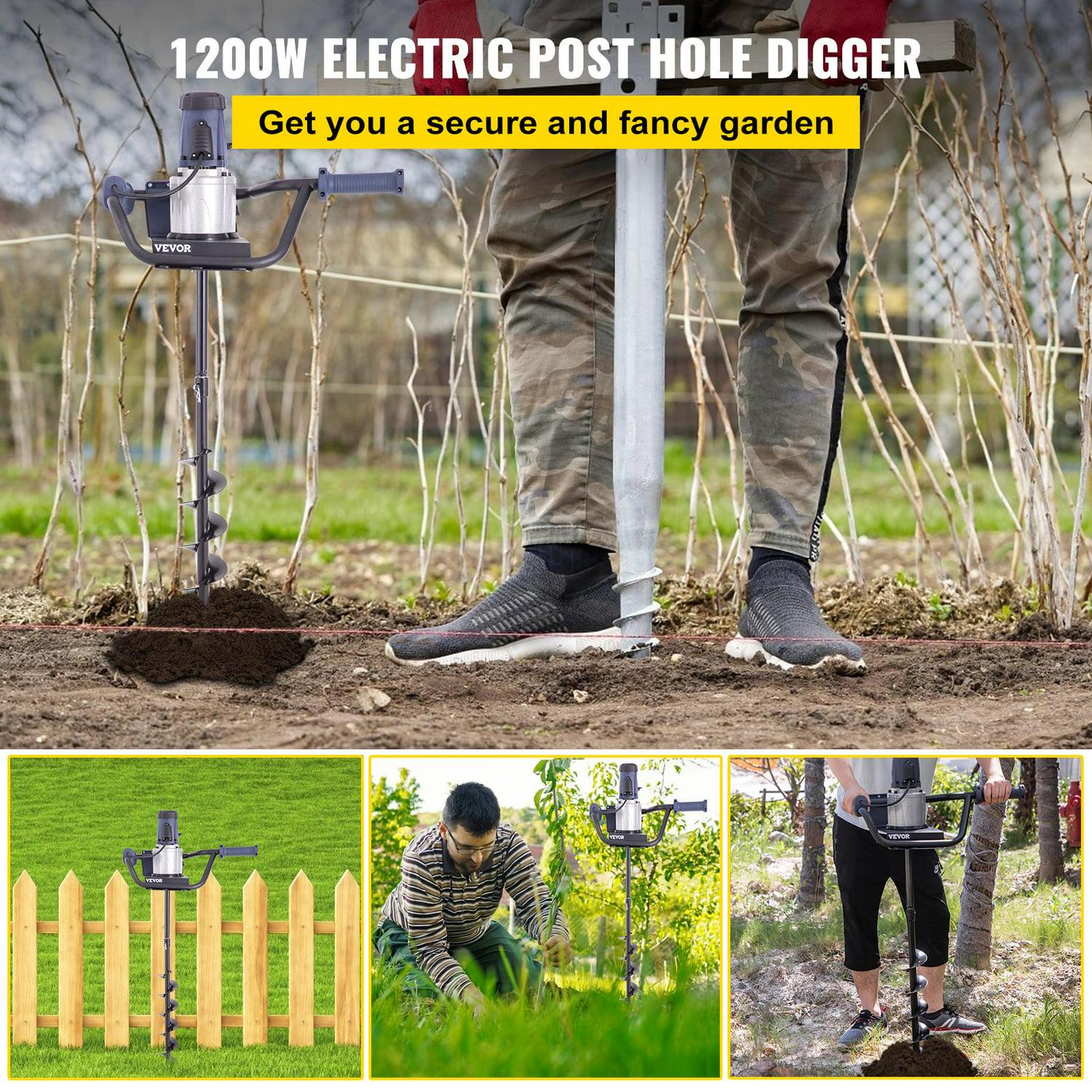 VEVOR Electric Post Hole Digger, 1200W 1.6HP, with 4 Auger Bits & Extension Rod, Durable Steel Construction
