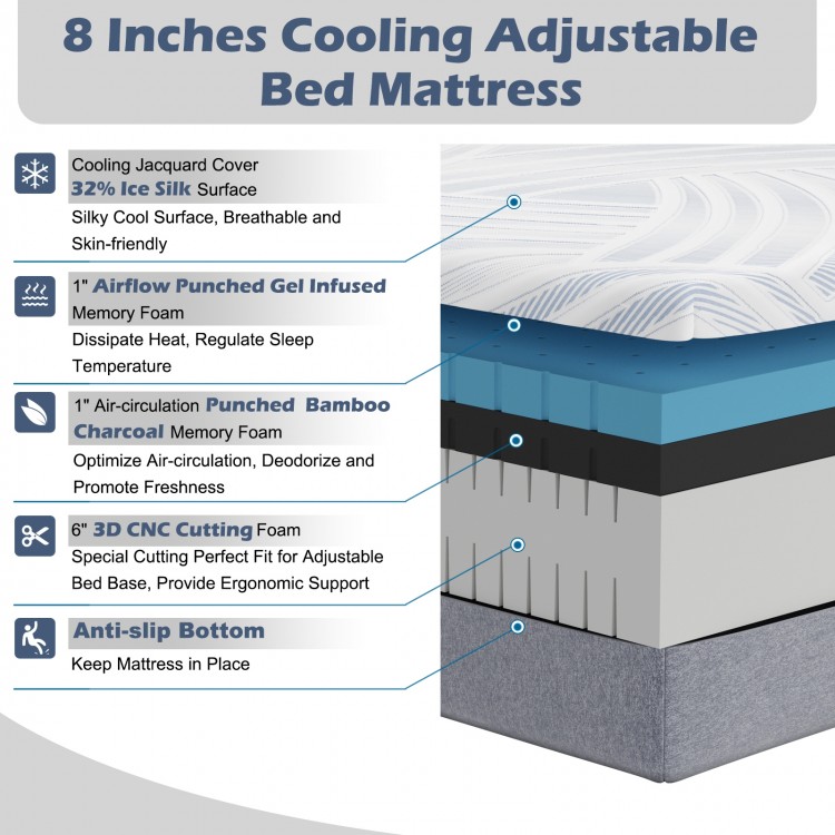8/10 Inch Twin XL Cooling Adjustable Bed Memory Foam Mattress