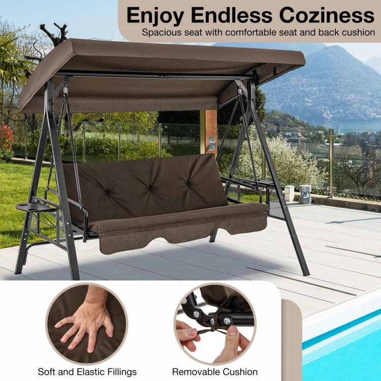Convertible 3-Seat Patio Porch Swing Chair to Flat Bed with Adjustable Canopy