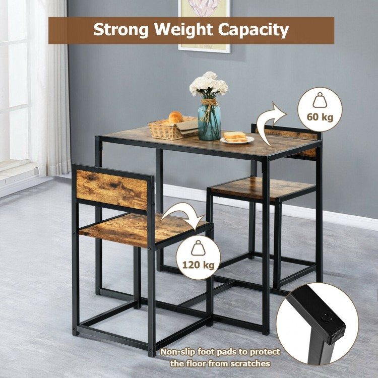 3 Pieces Dining Set Compact Table and 2 Chair with Metal Frame for Small Space