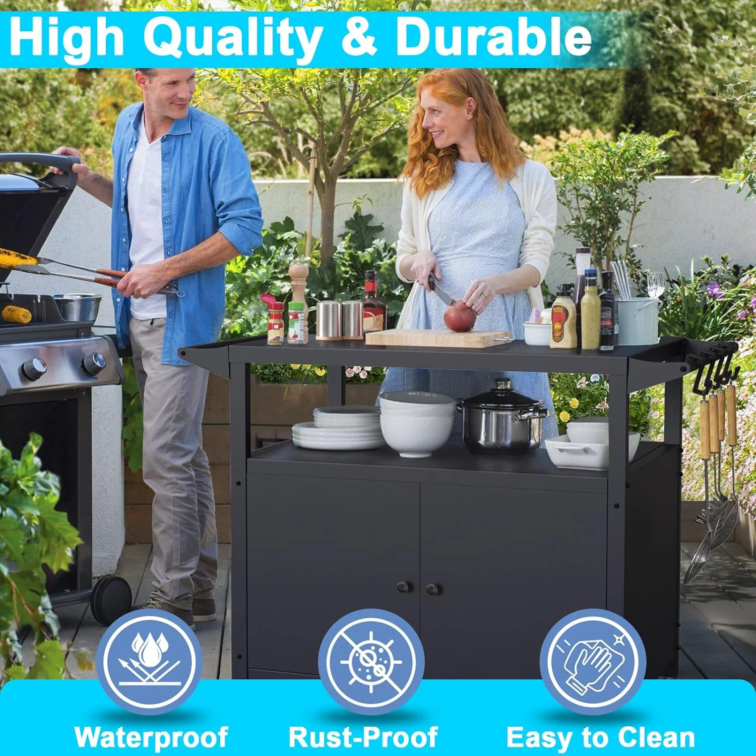 Movable Outdoor Grill Table with Storage & Utensil Hooks – BBQ Serving Cart