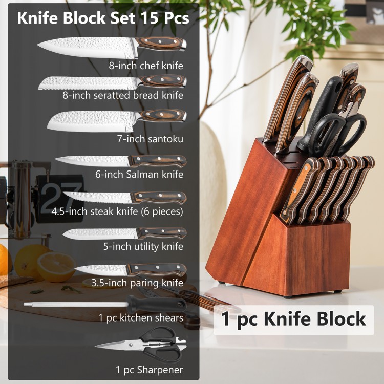 15 Pieces Stainless Steel Knife Block Set with Ergonomic Handle