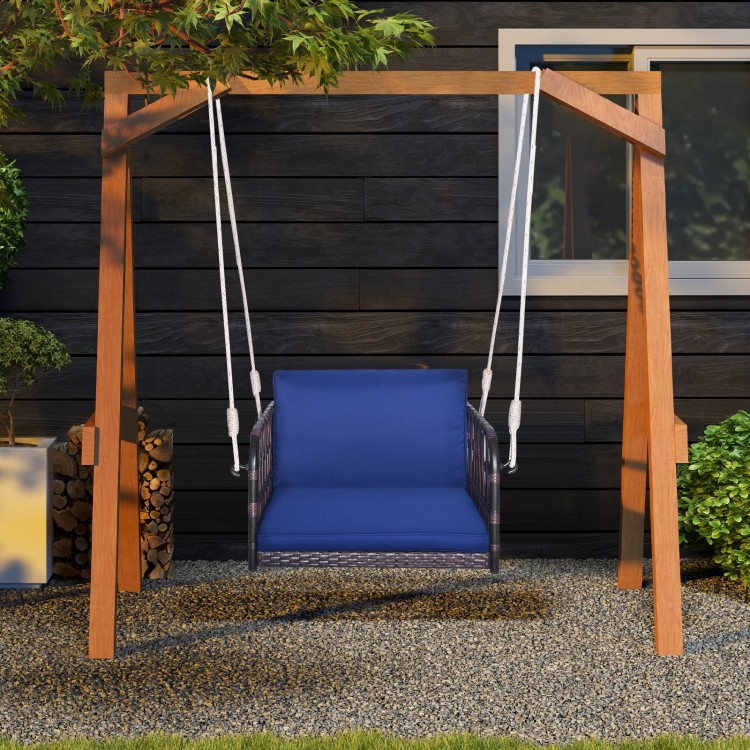 Patio Rattan Single Person Hanging Swing with Seat and Back Cushions