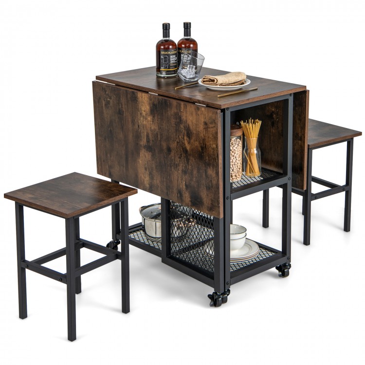 Drop Leaf Expandable Dining Table Set with Lockable Wheels