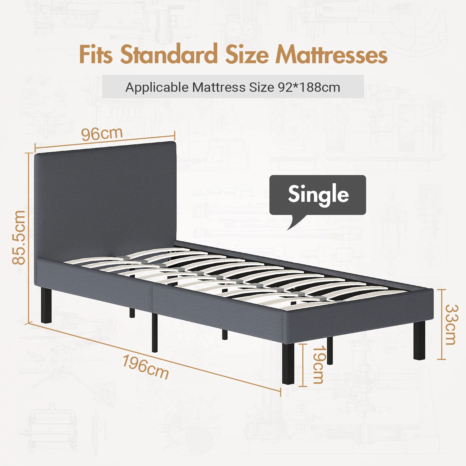 Bed Frame Single Size Mattress Base Upholstered