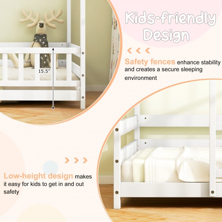 Twin Size Kids House Bed Wooden Floor Bed with Roof and Full-length Safety Guardrail