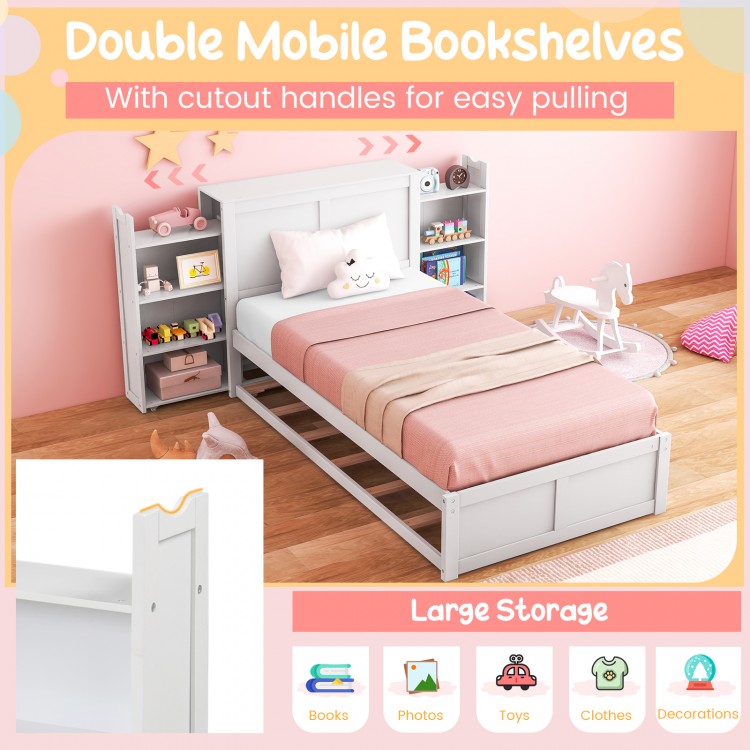 Twin/Full Kids Wooden Platform Bed with Trundle Storage Headboard