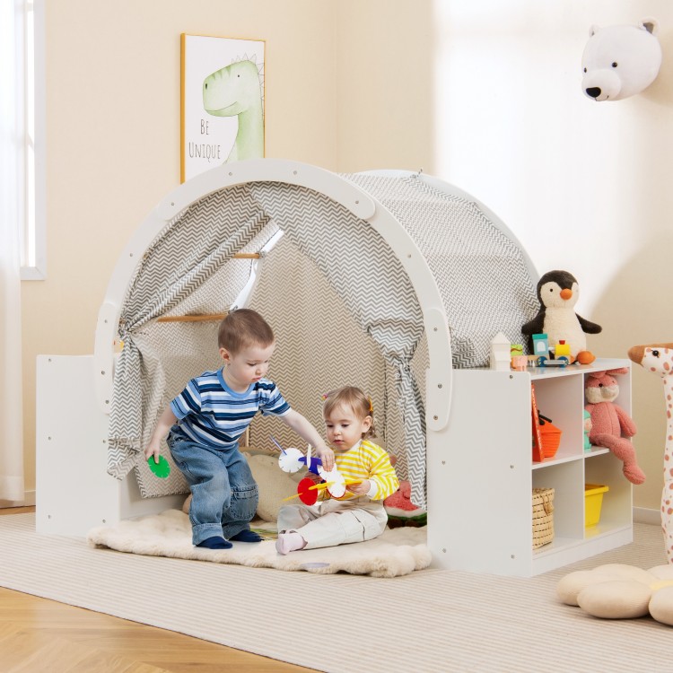 Wooden Kids Play Tent with Curtain Shades and 8 Cubbies