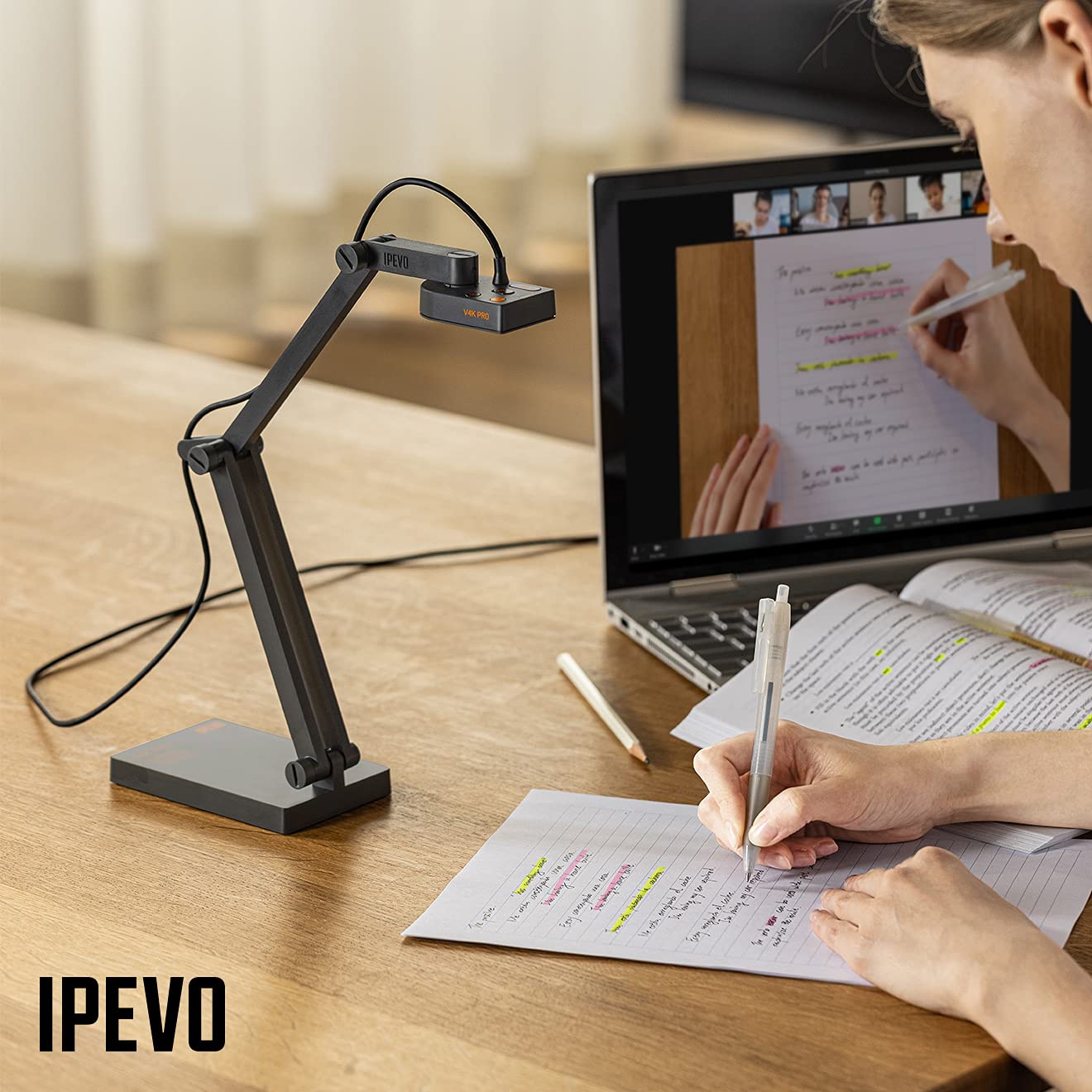 IPEVO V4K PRO Ultra HD USB Document Camera with AI Mic, 8MP Sony Sensor, LED Light, Flexible Arm, Plug & Play Compatibility
