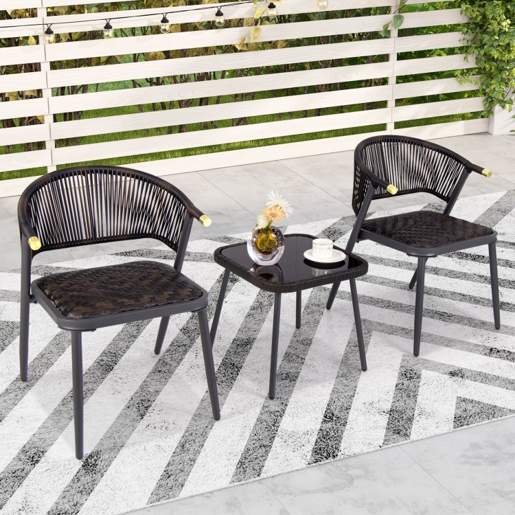 3 Pieces Patio Rattan Furniture Set with Tempered Glass Tabletop for Backyard Poolside