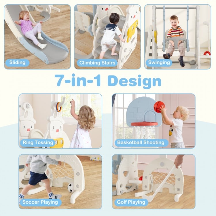 7 in 1 Toddler Slide and Swing Set with Height Adjustable Swing and Basketball Hoop