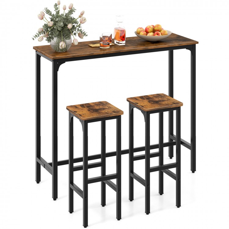 3 Pieces Industrial Bar Table and Chairs Set with Metal Frame