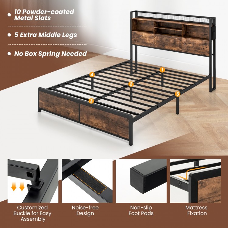 Full/Queen Size Bed Frame with 3-Tier Bookcase Headboard and Charging Station