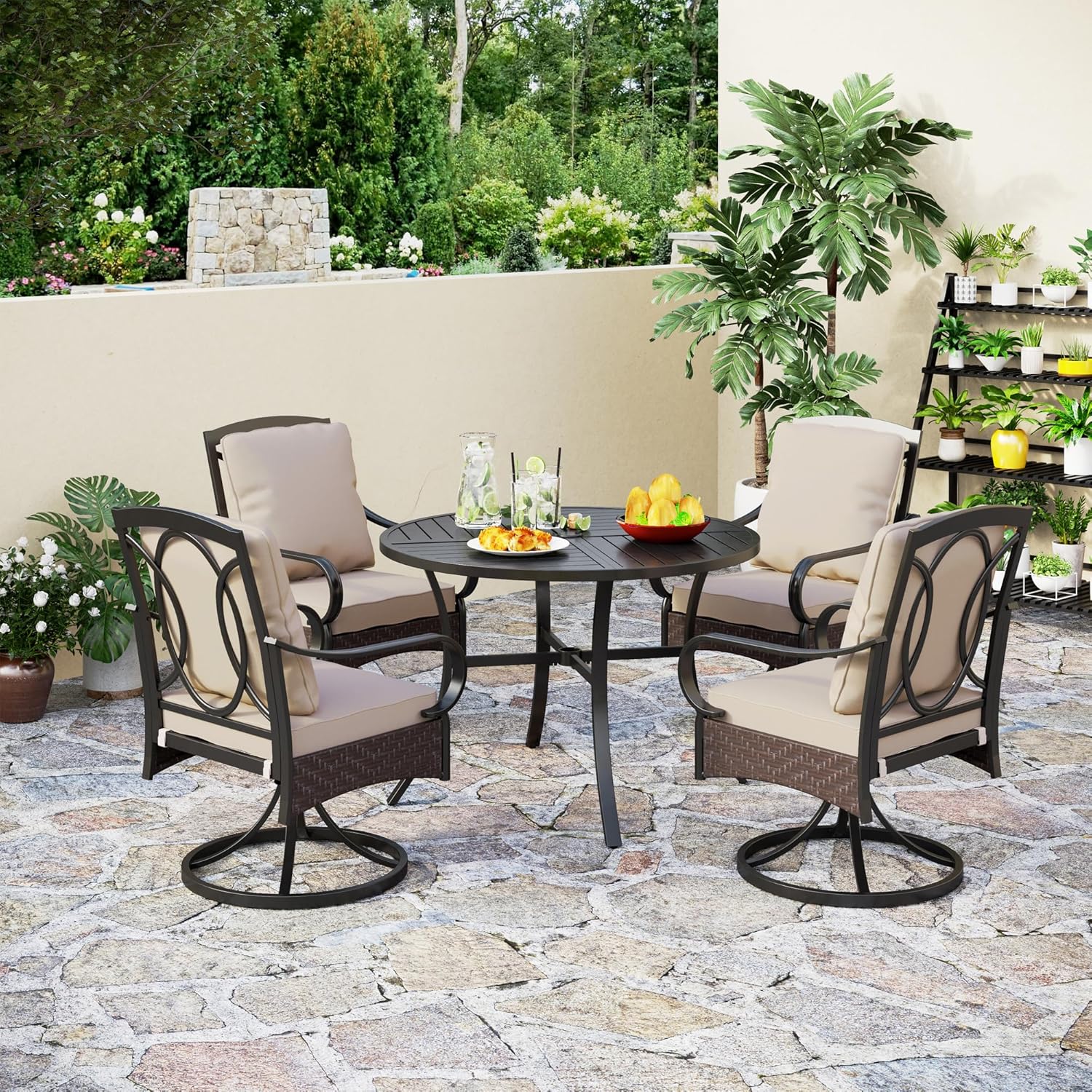 PHI VILLA 6-Piece Outdoor Dining Sets, All-Weather Patio Table and Chairs Set with Umbrella for 4, Heavy Duty Patio Round Table Set for Deck, 4 Extra Large Outdoor Swivel Chairs with Thick Cushions