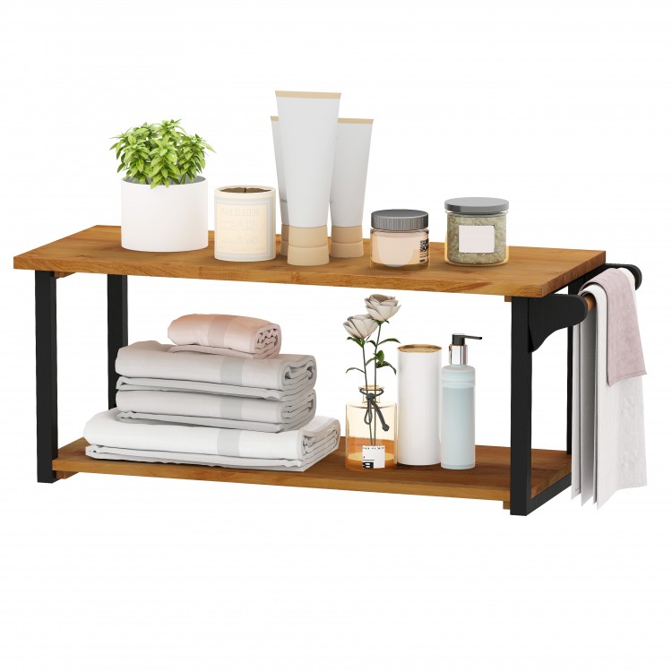 Teak Wood Wall Mounted Floating Shelves with Towel Bar