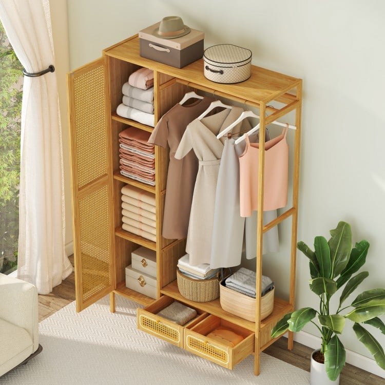 Bamboo Clothing Rack with Cabinet and Drawers and Hanging Rod