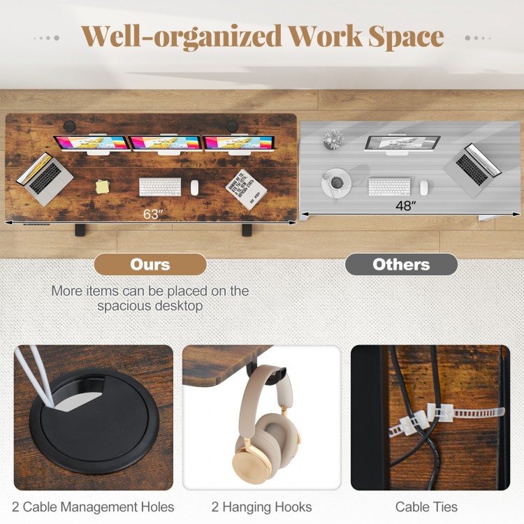 Electric Standing Desk with 3 Memory Heights and 2 Hanging Hooks and Cable Holes