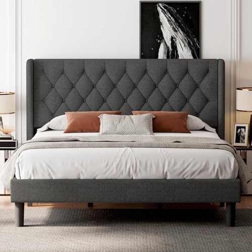 Feonase Full Size Bed Frame with Upholstered Wingback Headboard, Platform Bed and Heavy Duty Wooden Slats Support, Easy Assembly, Noise-Free, No Box Spring Needed, Dark Gray