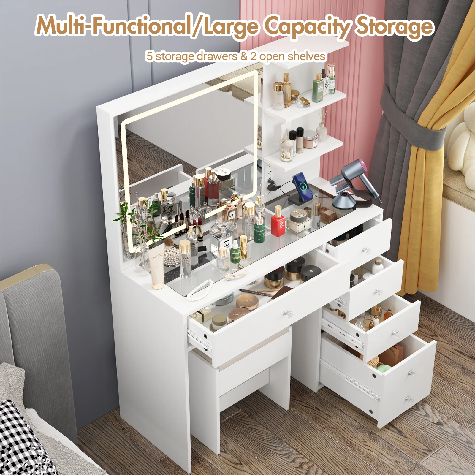 Dressing Table Stool Set Glass Tabletop