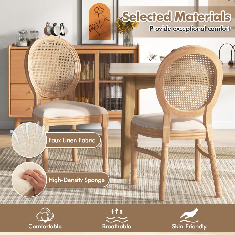 Set of 2 Dining Chairs French Style Kitchen Chair with Hand-Woven Rattan Backrest