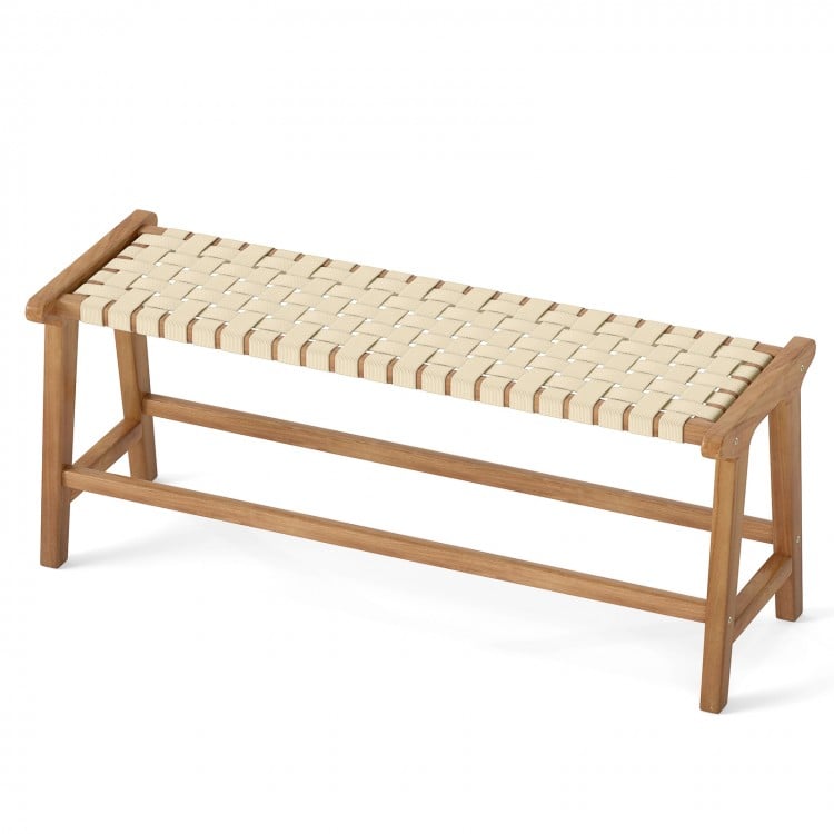 47 Inches Long Teak Wood Patio Bench with Weave Seat and Solid Wood Legs