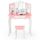 Kids Princess Vanity Table and Stool Set with Tri-folding Mirror and Drawer