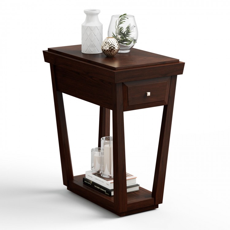 2-Tier Rubber Wood Classic End Table with Drawer and Shelf