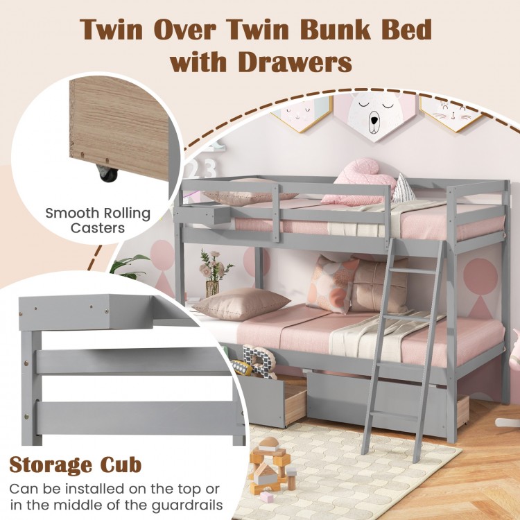 Twin Over Twin Bunk Bed Wood Bed Frame with 2 Storage Drawers and Ladder