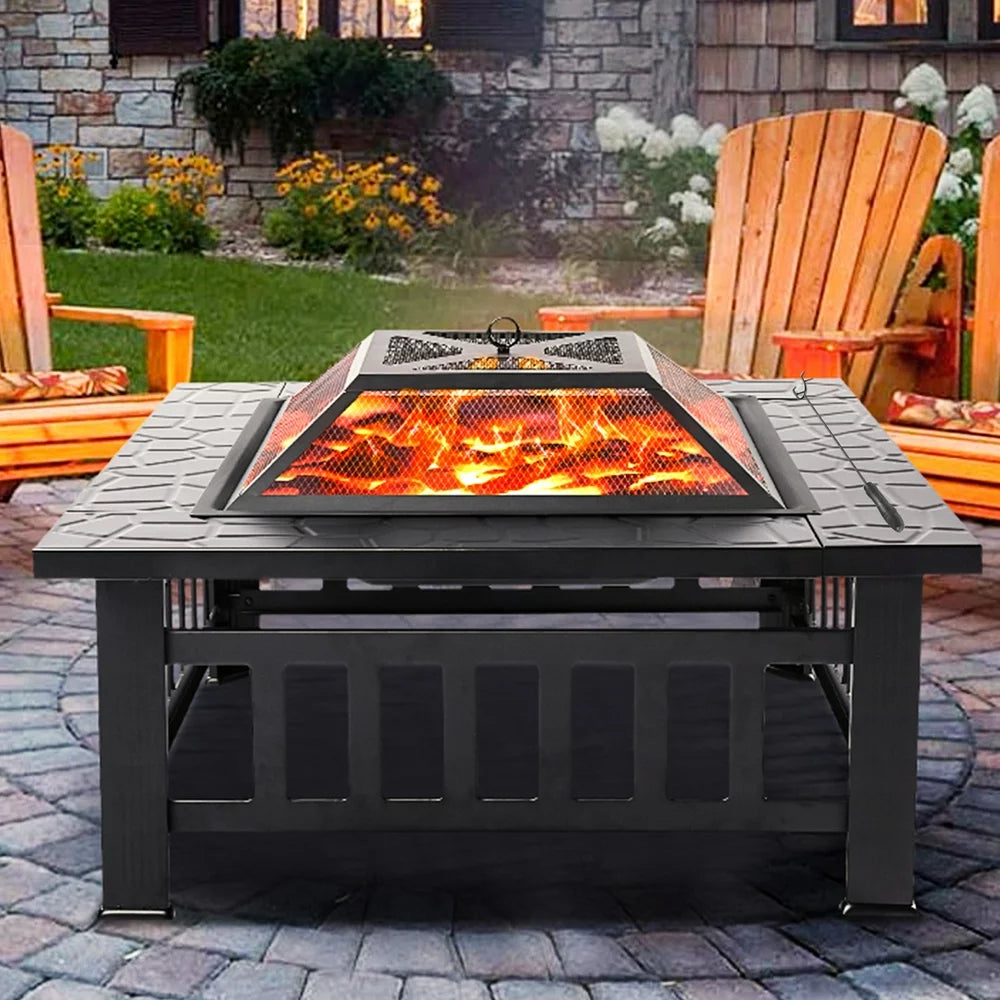 UHOMEPRO 32′′ Outdoor Fire Pit Table, Rust-Resistant Steel, Mesh Lid, BBQ Net, Ice Tray, Cover Included