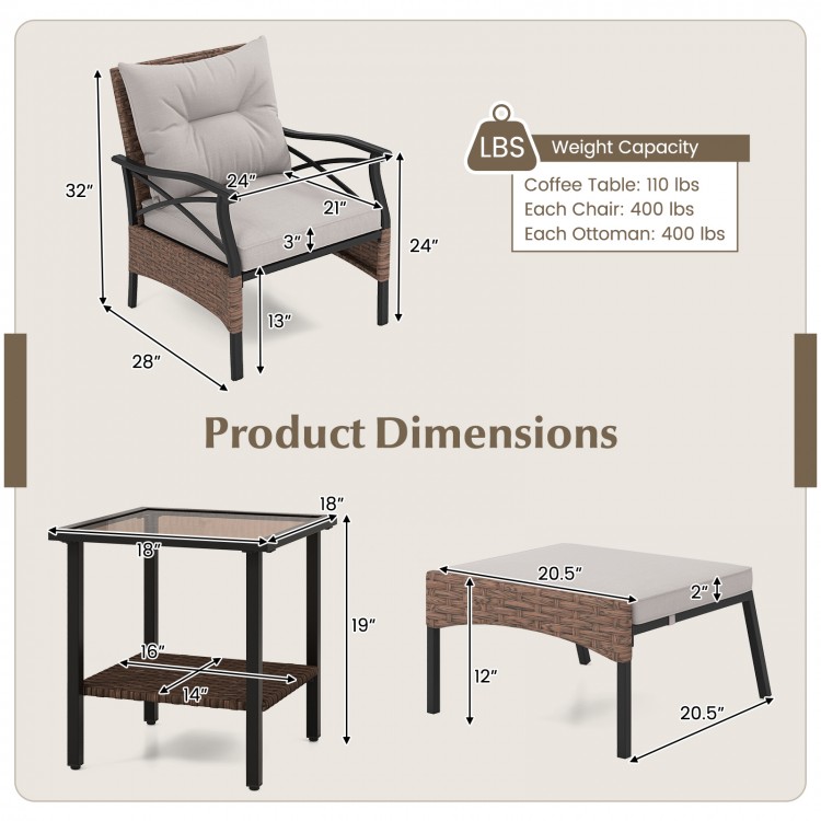 5 Pieces Wicker Patio Furniture Set Ottomans and Cushions and 2-Tier Tempered Glass Side Table