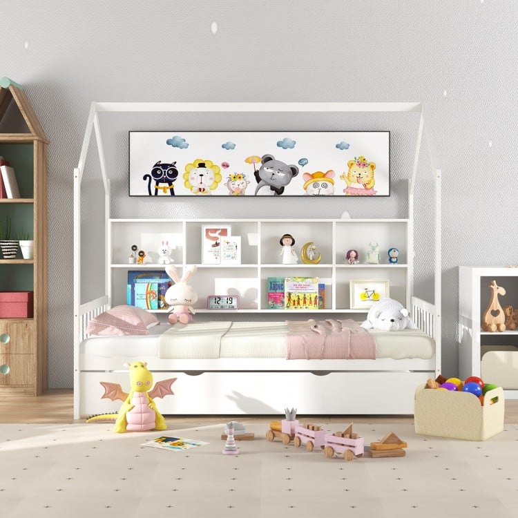 Twin Size Kids Montessori Daybed with Roof and Shelf Compartments