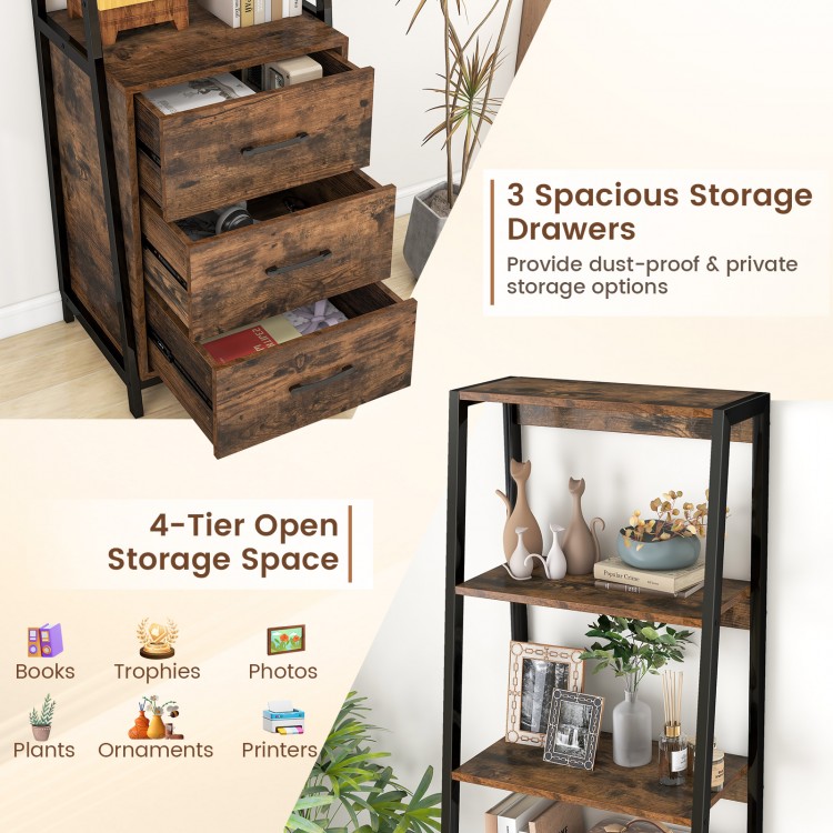 Multifunctional Tall Bookcase with Open Shelves and Storage Drawers