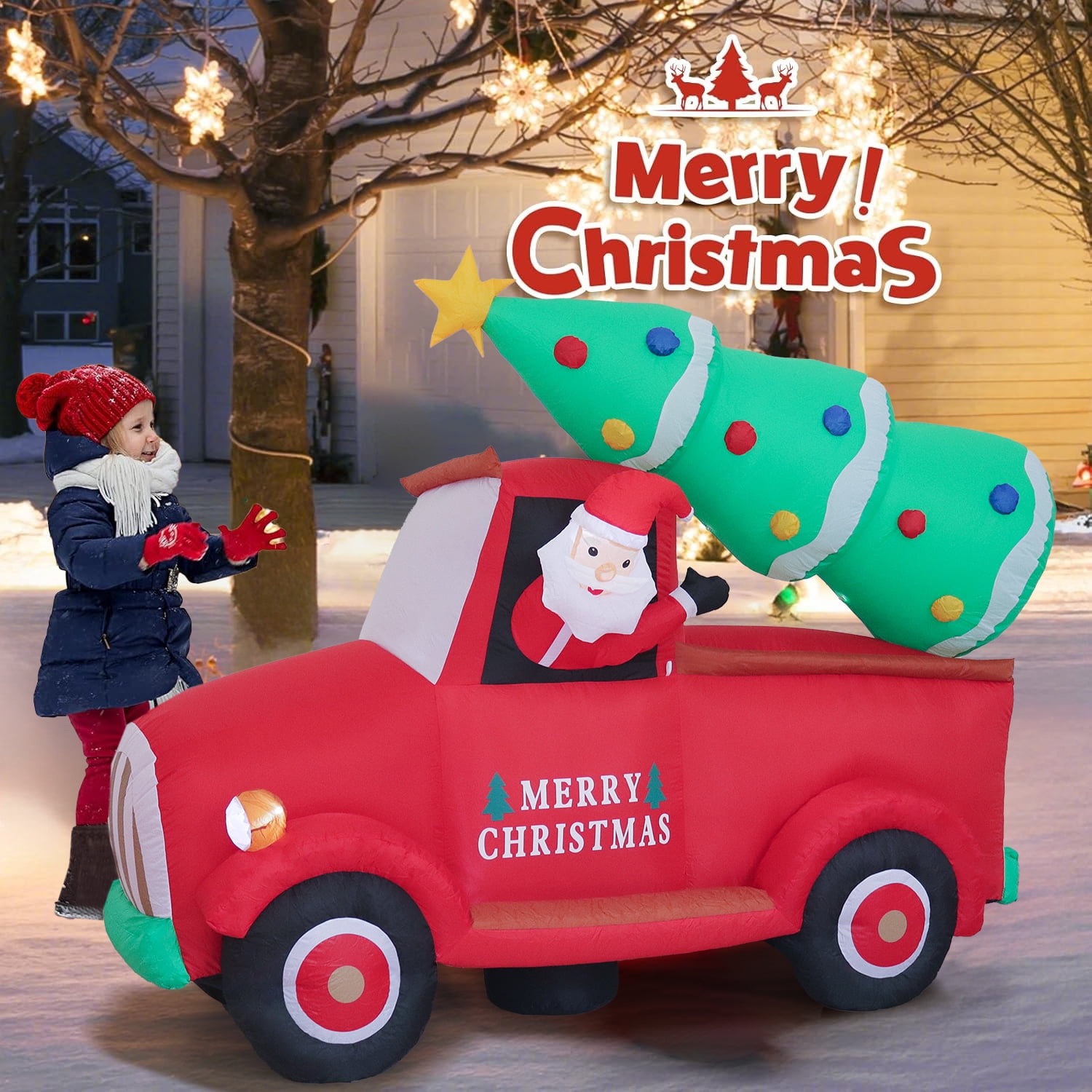 Inadays Christmas Inflatable Santa Red Truck with Tree, 7.2ft, Outdoor Decor, Durable Fabric