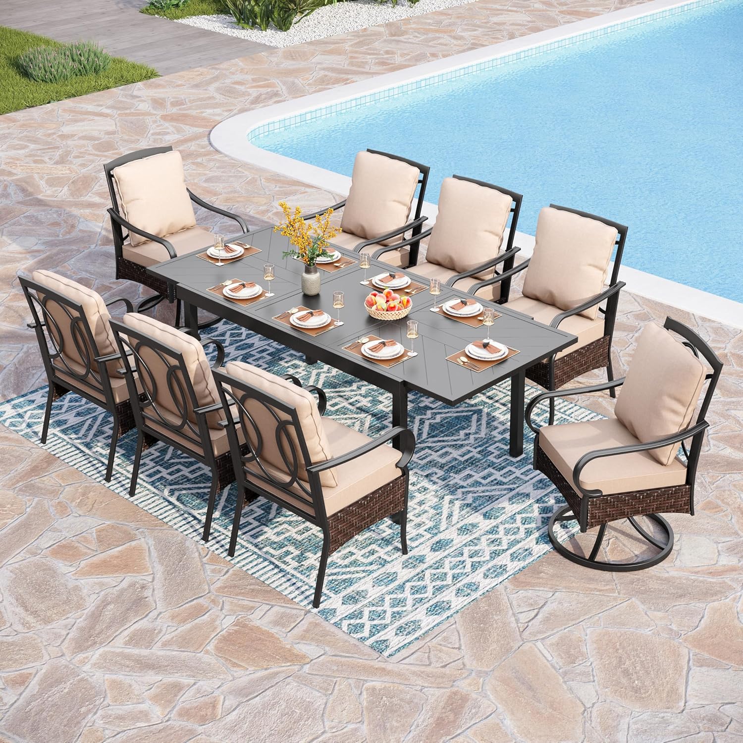PHI VILLA 6-Piece Outdoor Dining Sets, All-Weather Patio Table and Chairs Set with Umbrella for 4, Heavy Duty Patio Round Table Set for Deck, 4 Extra Large Outdoor Swivel Chairs with Thick Cushions