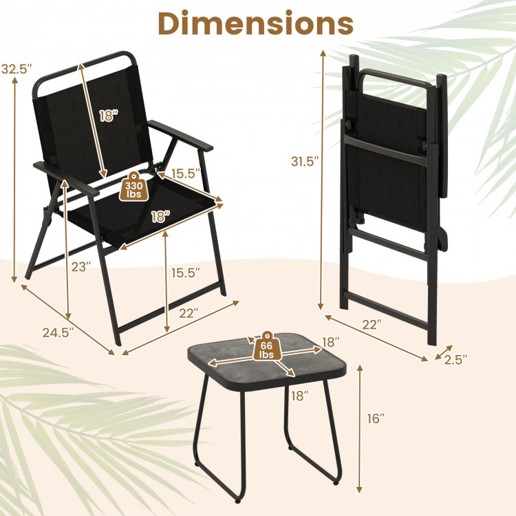 3 Pieces Patio Folding Conversation Chairs and Coffee Table