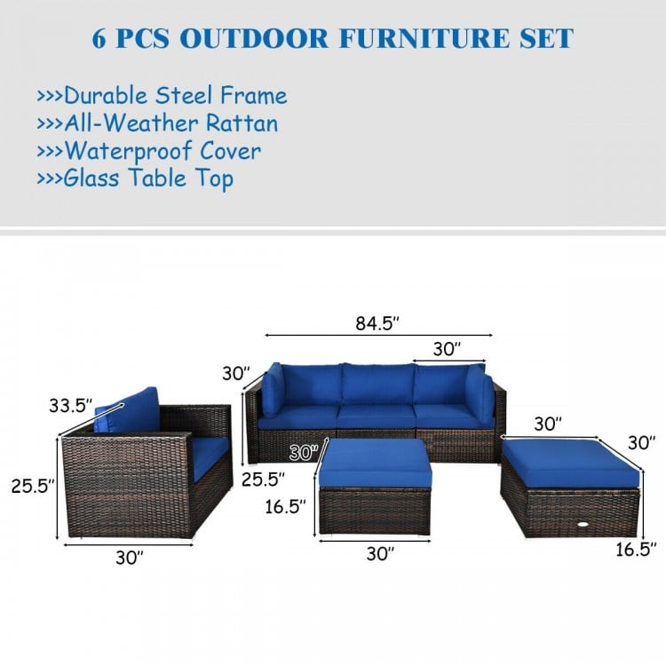 6 Pieces Patio Rattan Furniture Set with Cushion