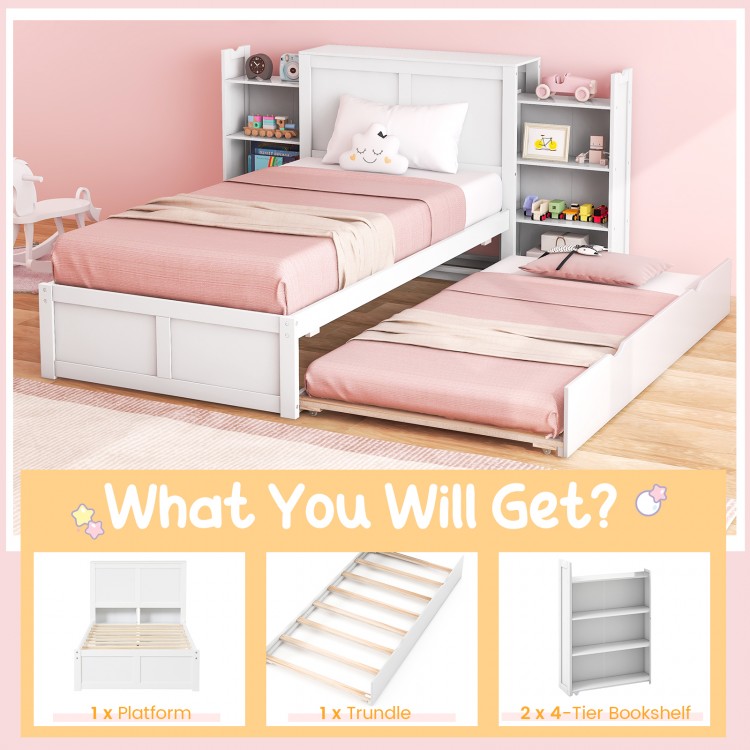 Twin/Full Kids Wooden Platform Bed with Trundle Storage Headboard
