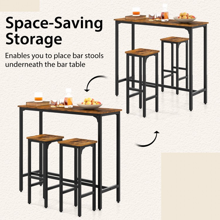 3 Pieces Industrial Bar Table and Chairs Set with Metal Frame