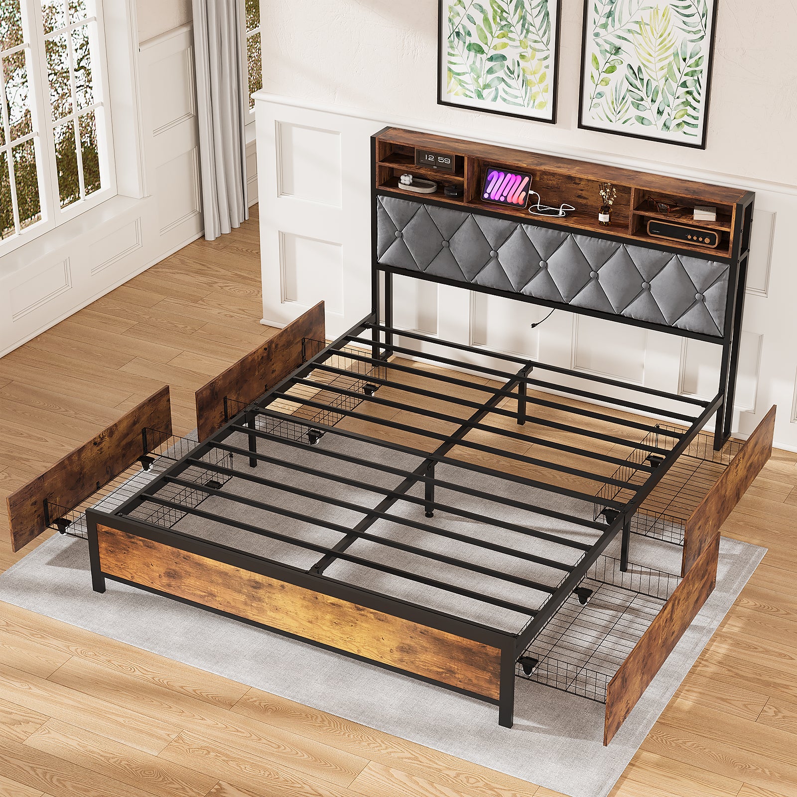 Bed Frame Queen Size with Charging Station