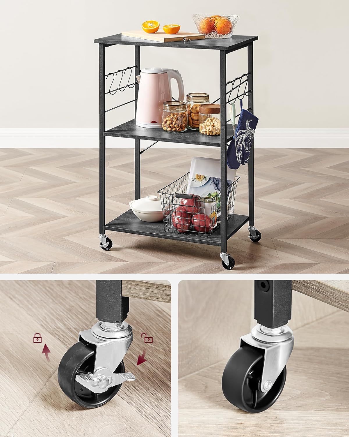 Rulbar køkkenø / køkkenvogn – 3 hylder 60x40x89 cm – Serveringsvogn Sort