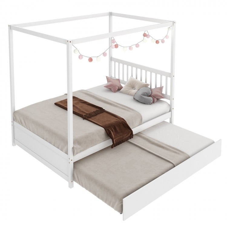 Full Size Canopy Bed Frame with Trundle and Headboard for Kids